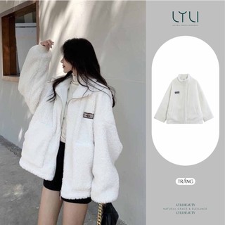 Áo khoác lông cừu Lylibeauty dáng rộng thêu chữ kiểu dáng hàn quốc