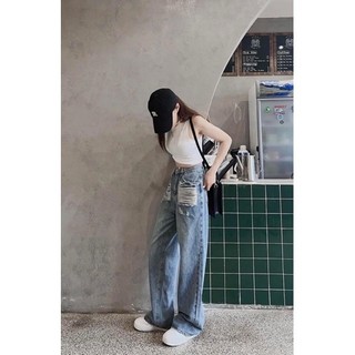 Quần jeans suông túi rách kiểu cạp cao phom dài dáng basic
