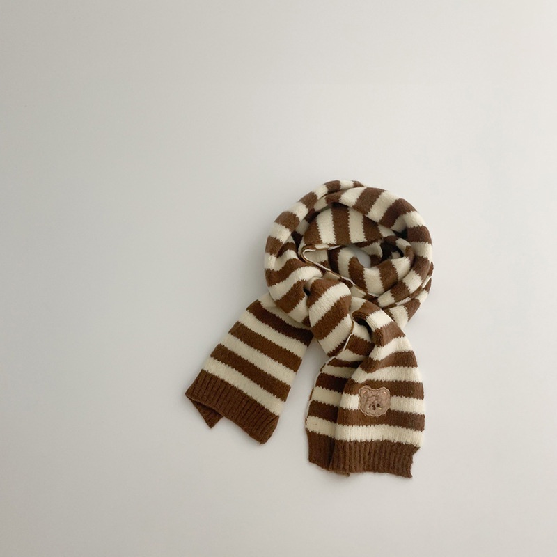 Khăn Choàng Cổ Kẻ Sọc Họa Tiết Hoạt Hình Chú Gấu Dễ Thương Giữ Ấm Mùa Đông Cho Bé