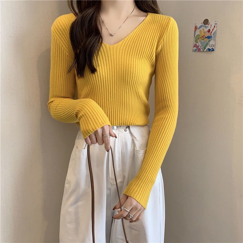 Áo Len Cổ Chữ V Cho Nữ Hàng Dệt Kim, 10 Màu Đơn Giản Retro Màu Trơn Tay Dài Dệt Kim Hàng Đầu