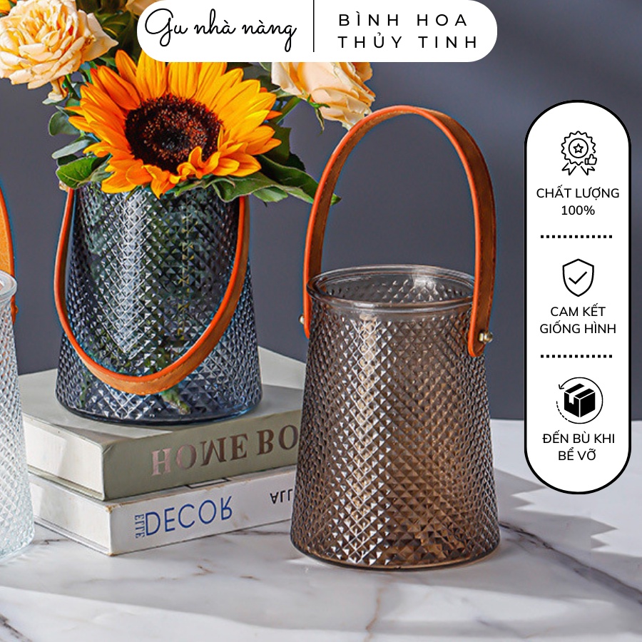 Bình hoa thủy tinh có quai cầm decor phòng ngủ và trang trí phòng khách cao cấp