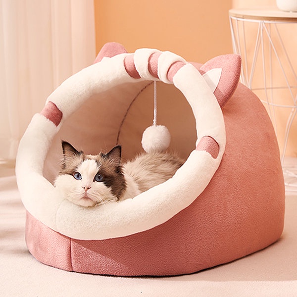 GIƯỜNG NỆM CHO THÚ CƯNG SIZE L HÌNH TAI MÈO MÀU HỒNG DỄ THƯƠNG