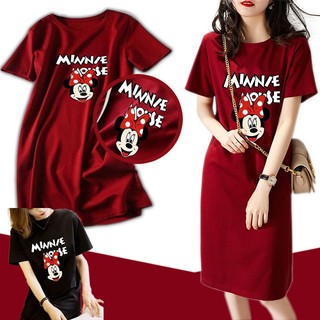 Đầm Thun Tay Ngắn Cổ Tròn Dáng Rộng In Hình Chuột Mickey Thời Trang Mùa Hè Hàn Quốc Cho Nữ