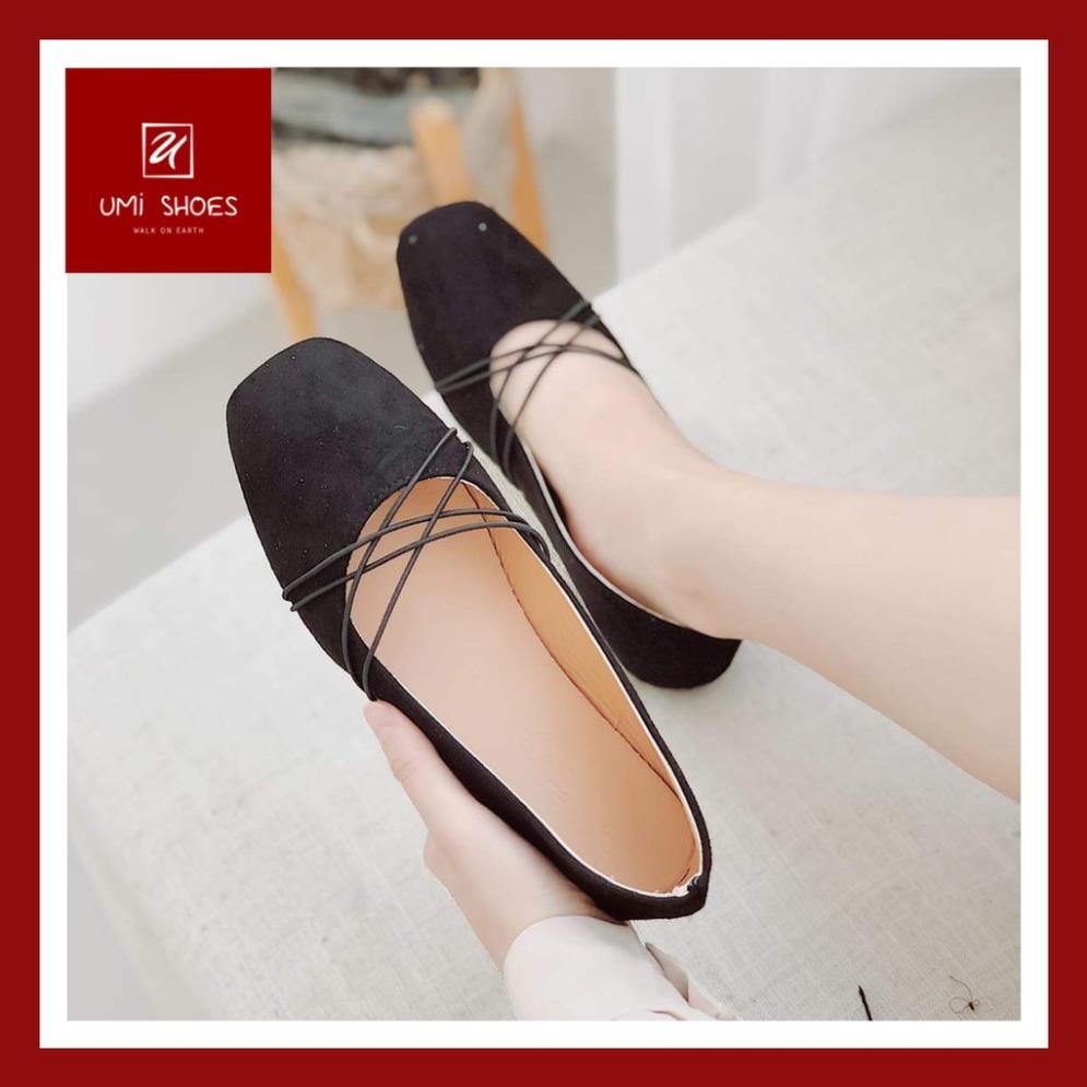 Giày búp bê nữ đế bệt da lộn mềm màu đen quai chéo ôm êm mẫu mới hot nhẹ nhàng đi học đi làm văn phòng xinh