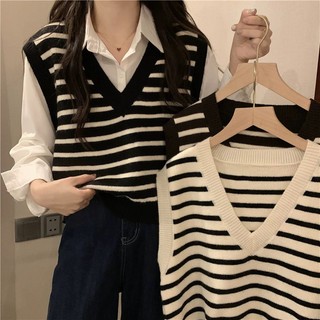 Áo gile len nữ hàn quốc đẹp cổ tròn họa tiết kẻ xanh trắng ulzzang - 033
