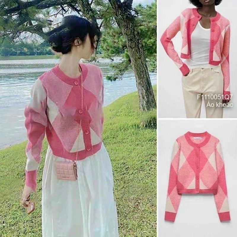 Áo khoác len cadigan ô trám màu hồng AL1666 - Nhinhi Shop