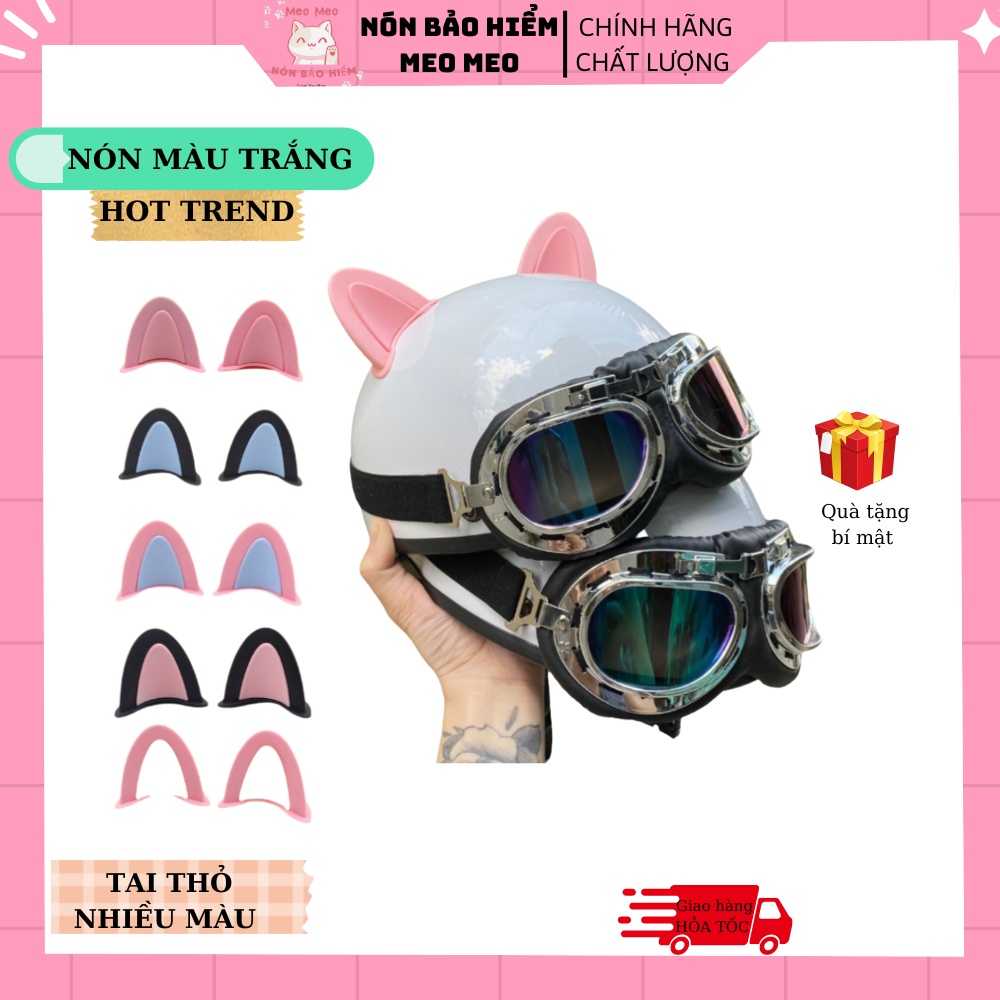 Nón Bảo Hiểm cute,Mũ bảo hiểm (màu Trắng Bóng) kèm kính phi công và phụ kiện tai thỏ các màu