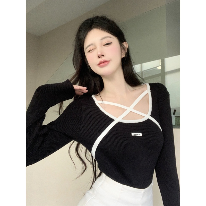 ZHELIHANGFEI Áo Dệt Kim Tay Dài Cổ Vuông Dáng Ôm Gợi Cảm Dành Cho Nữ