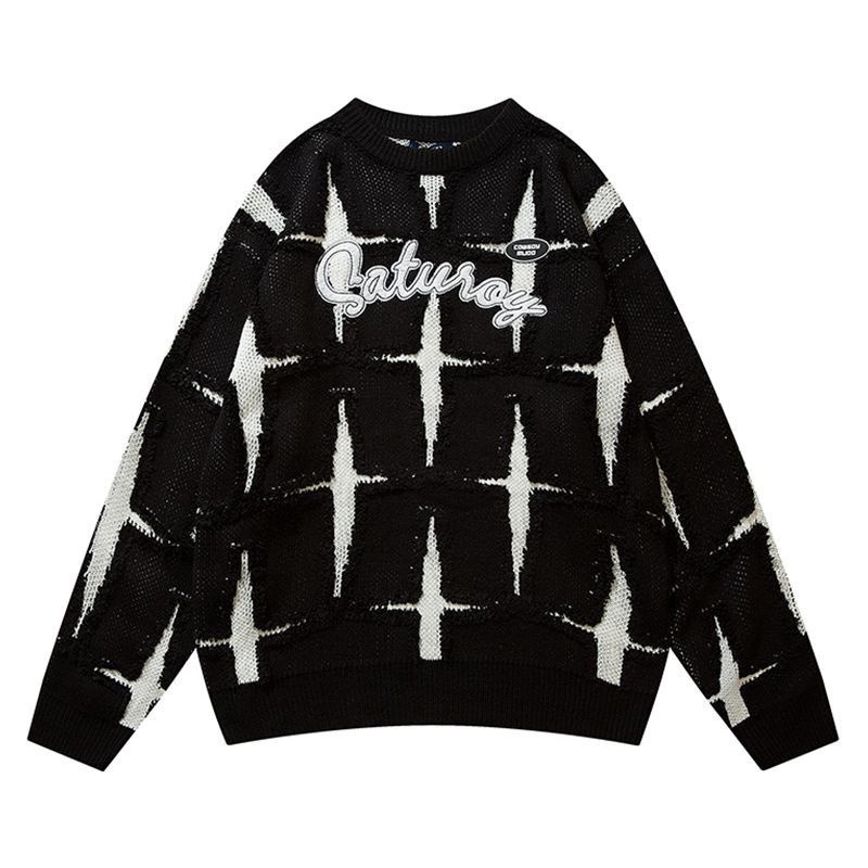 Áo Sweater Dệt Kim Cổ Tròn Thêu Chữ Và Ngôi Sao Kiểu Retro Mỹ Thời Trang Thu Đông Cho Nam Và Nữ