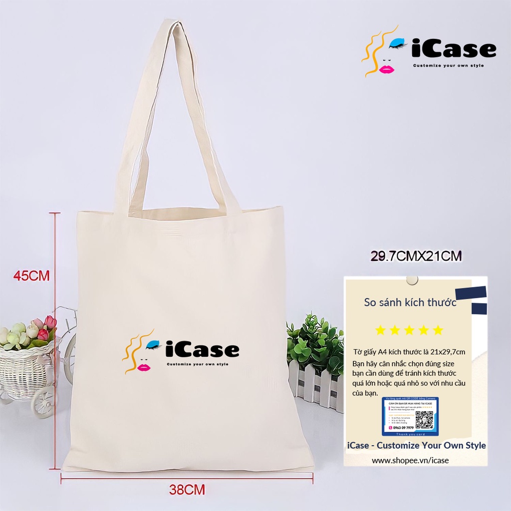 Túi vải Canvas iCase có khóa kéo và túi con in logo theo yêu cầu kích thước 33x38x10cm