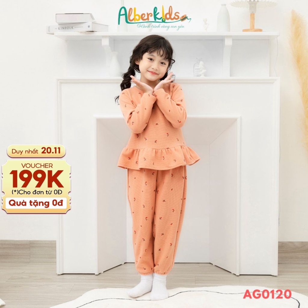 Bộ đồ bé gái ALBERKIDS dài tay bèo cổ tròn in hoạ tiết xinh đẹp cho trẻ em 2,3,4,5,6,7,8,9,10,11,12 tuổi AG0112