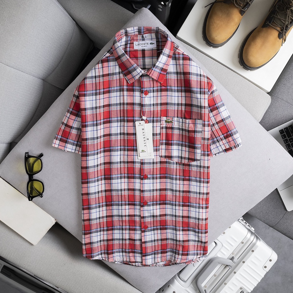 Sơ mi nam caro ngắn tay LC đỏ trắng dễ mix đồ, vải oxford cao cấp, ít nhăn, giá rẻ - Đẳng cấp phái mạnh