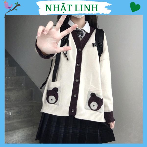 Áo khoác len cardigan dáng dài thiết kế kẻ sọc viền phối túi gấu xinh xắn trẻ trung NHẬT LINH - A52