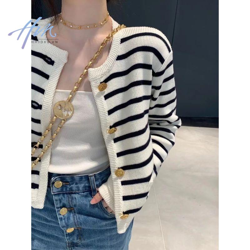 Áo Khoác Cardigan Dệt Kim Dáng Rộng Cổ Tròn Kẻ Sọc Màu Tương Phản Kiểu Pháp Thời Trang Mùa Thu Cho Nữ