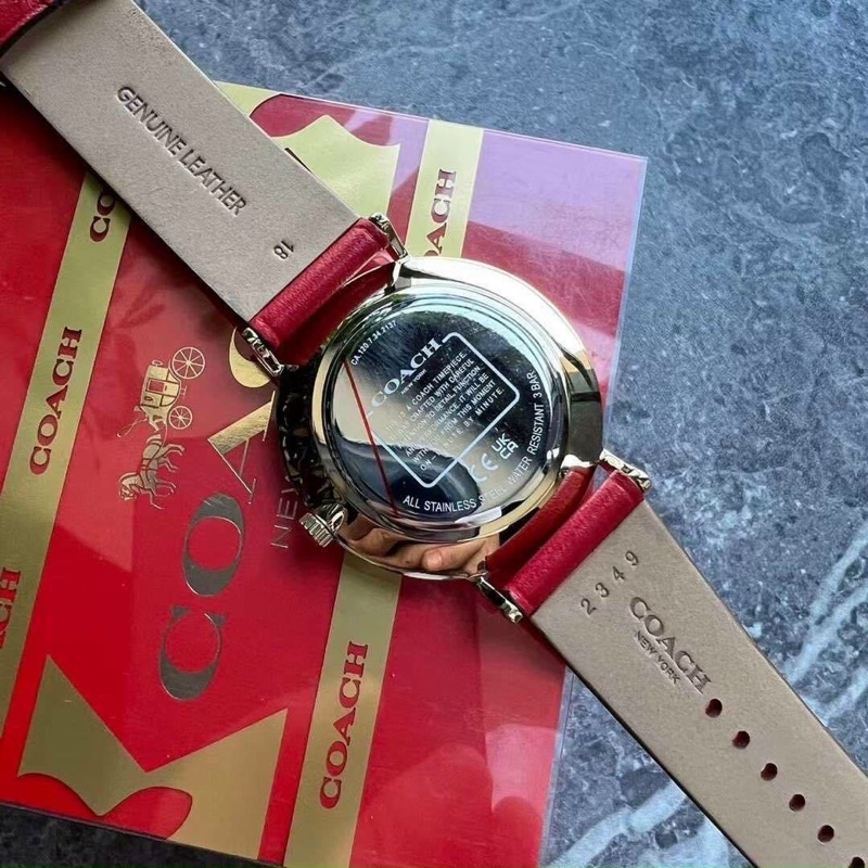 Đồng hồ Coach chống nước 3M, máy Miyota, kiểu dáng thời trang, bản dây da thật, màu đỏ may mắn phát tài
