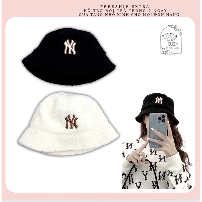 Mũ Tròn MLB LÔNG Trắng BUCKET unisex N/Y Fleece cap, Nón thời trang cá tính