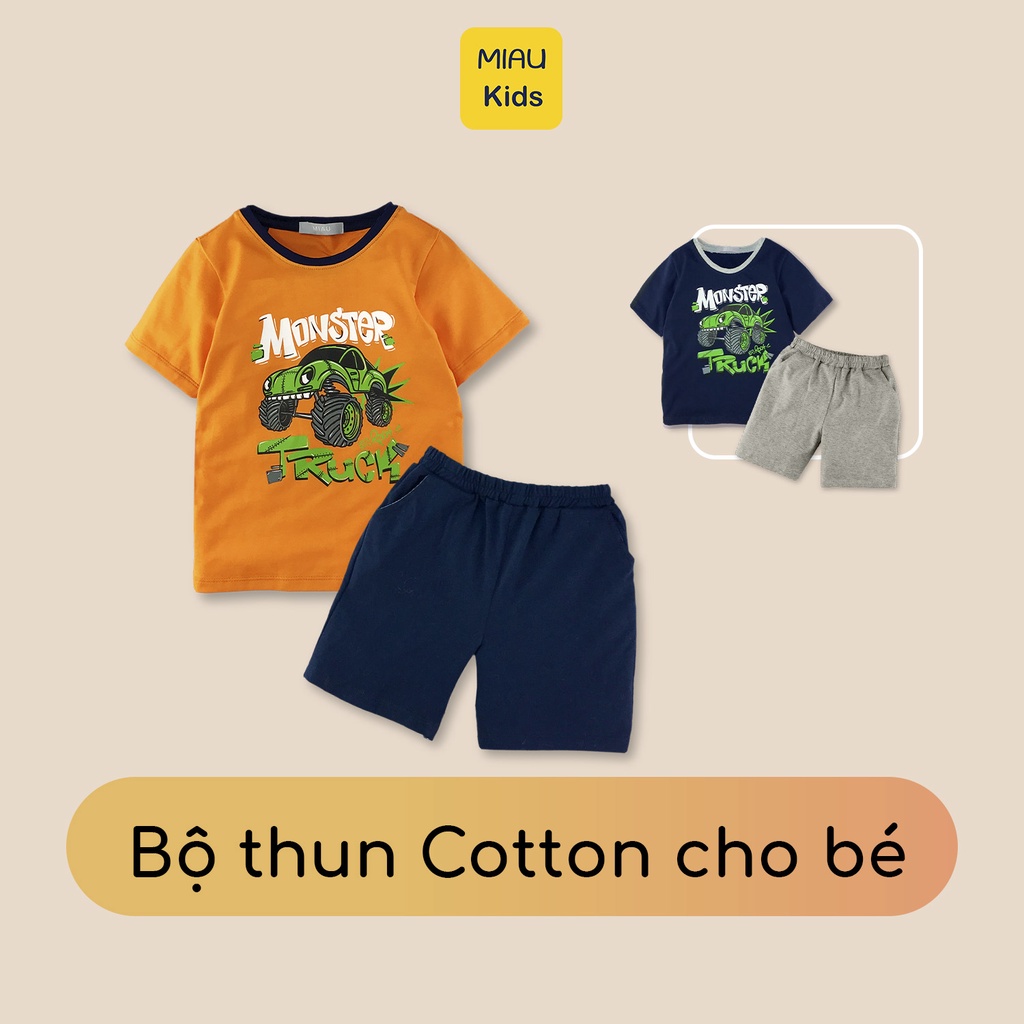 Đồ Bộ Tay Ngắn Cho Bé Trai Miaukids, In Hình Xe Monster, Thun Cotton Thoáng Mát Cho Bé Từ 9Kg Đến 55Kg