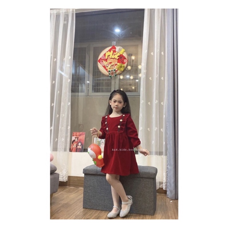 Đầm nhung tăm đỏ hoa lụa dài tay cho bé