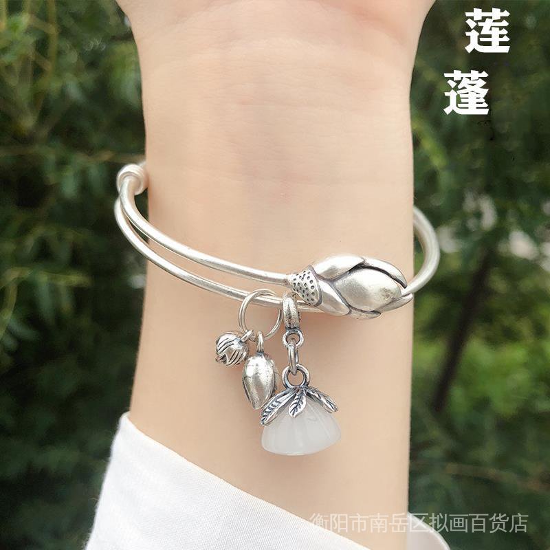 Vòng Tay Mạ Bạc 925 Hình Hoa Sen Phong Cách Trung Hoa Cổ Điển