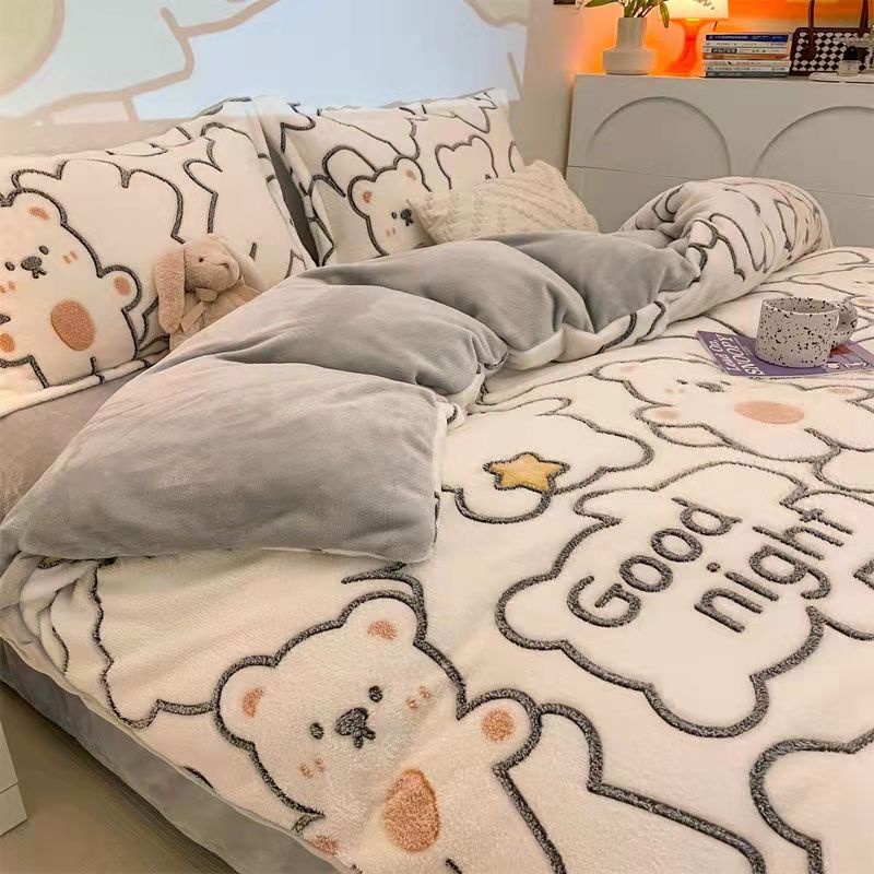 Bộ Chăn Ga Và Vỏ Gối Lông Cừu San Hô Dày Dặn Ấm Áp Kích Thước 150 180 220X240CM