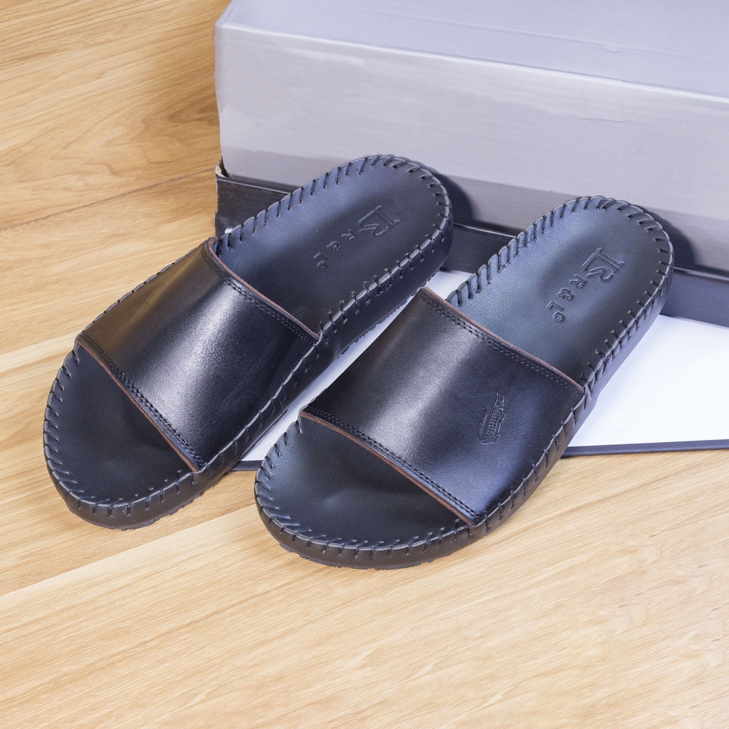 Dép Nam quai ngang trơn da bò cao cấp mã A màu đen