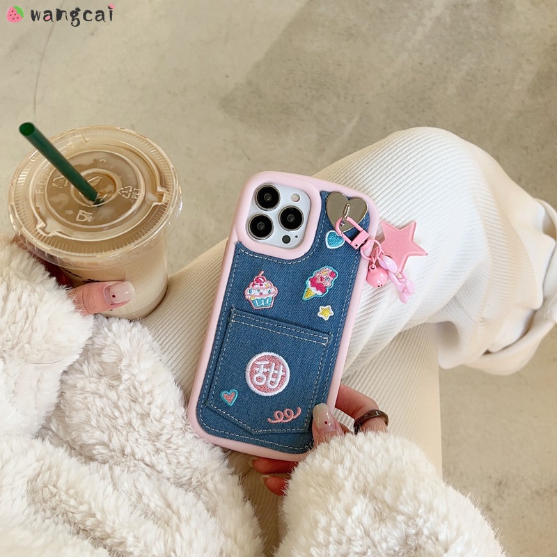 Ốp Điện Thoại Denim Thêu Hình Cô Gái Và Que Kem Cho iPhone 14 Plus 14 13 12 11 Pro Max