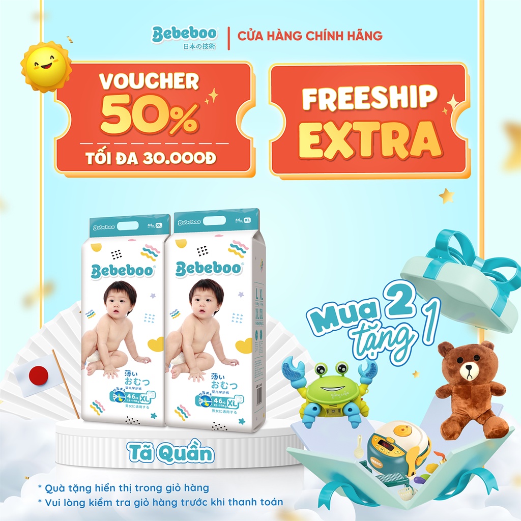 Combo 2 bịch Tã/Bỉm Quần Bebeboo Nhật Bản mỏng mềm thấm hút tốt, đóng ngày và đêm, đủ size-[MUA KÈM DEAL SỐC NHẬN QUÀ]