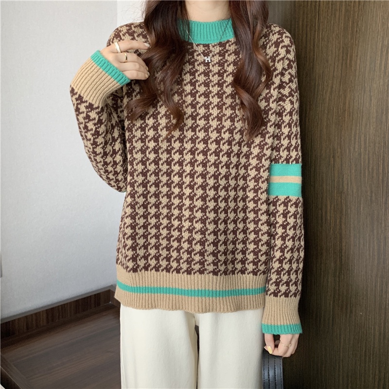 Áo Len Dài Tay Cổ Tròn Màu Sắc Tương Phản Thời Trang Cho Nữ