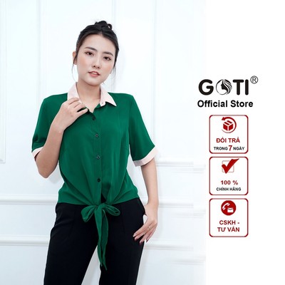 GOTI - Áo Lụa Công Sở Nữ Cổ Đức Basic Rộng Bigsize Mặc Đi Làm Lịch Sự Tay Ngắn Cột Eo – 3A10