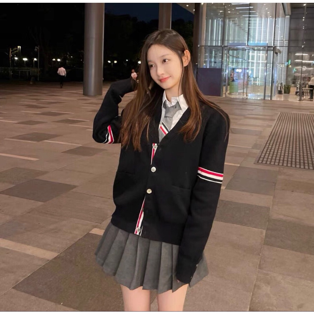 Áo khoác cardigan nữ tay kẻ sọc đỏ - Áo khoát len thu đông phong cách đường phố ulzzag hàn quốc
