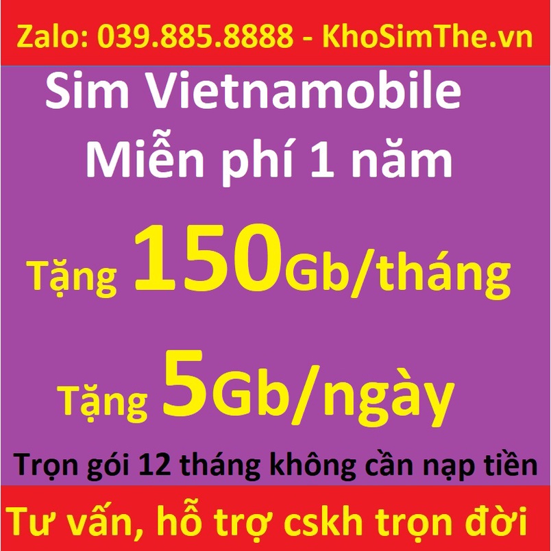 Sim data Vietnamobile 1 năm. Tặng mỗi ngày 5Gb trọn gói 1 năm, Sim 1 năm, sim data 1 năm, sim data, sim data 4g