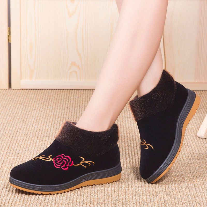 Giày Vải Cotton Lót Lông Cừu Dày Dặn Giữ Ấm Mùa Đông Cho Phụ Nữ Trung Niên