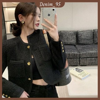 (xả kho) Áo khoác dạ tweed nữ màu đen, dáng ngắn cổ tròn cúc đồng sang chảnh