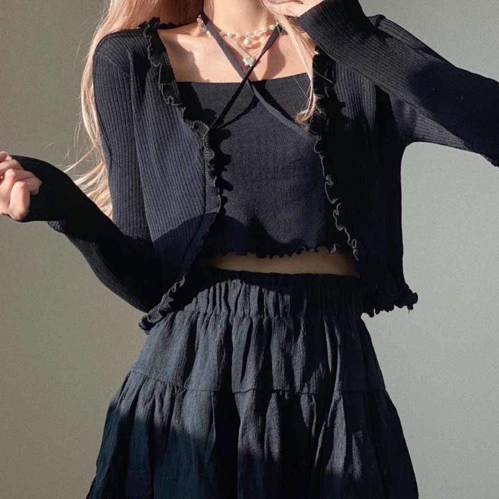 Áo khoác ngoài tay dài kiểu croptop PINKSTORE29 viền bèo phối dây cột A5395