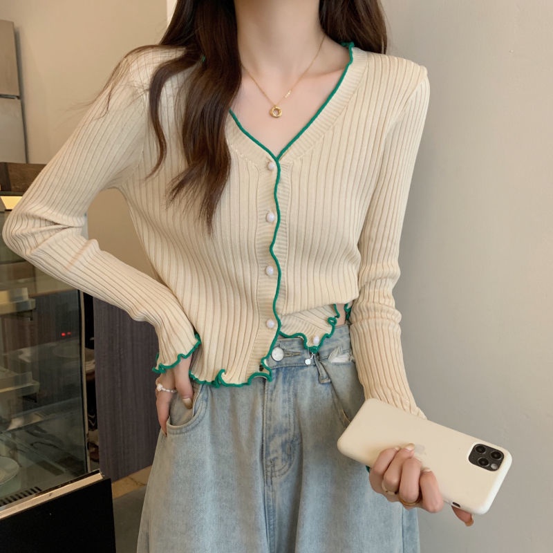 Áo Khoác Cardigan Dệt Kim Tay Dài Cổ Chữ V Phong Cách Hàn Quốc Cho Nữ