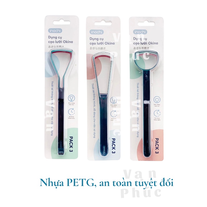 1 set 3 Đồ cạo lưỡi inochi, nhựa PP an toàn, nạo lưỡi, dụng cụ vệ sinh lưỡi cho bé dụng cụ vệ sinh lưỡi tiện dụng