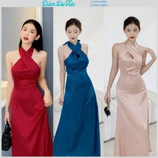 Váy body dáng dài dự tiệc, đầm thiết kế xoè cổ chéo ôm sang chảnh chất phi lụa cao cấp có mút ngực sẵn D09
