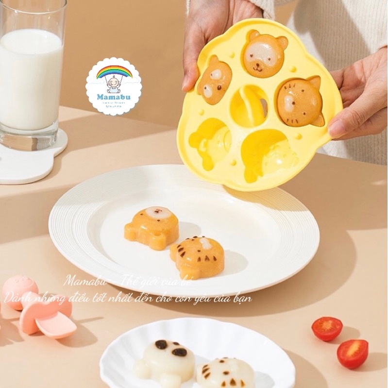 Khuôn Silicon Tròn Làm Bánh Flan, Thạch Pudding, Khuôn Hấp Bánh, Nướng Bánh Có Nắp Đậy Hình Con Vật Dễ Thương Mamabu