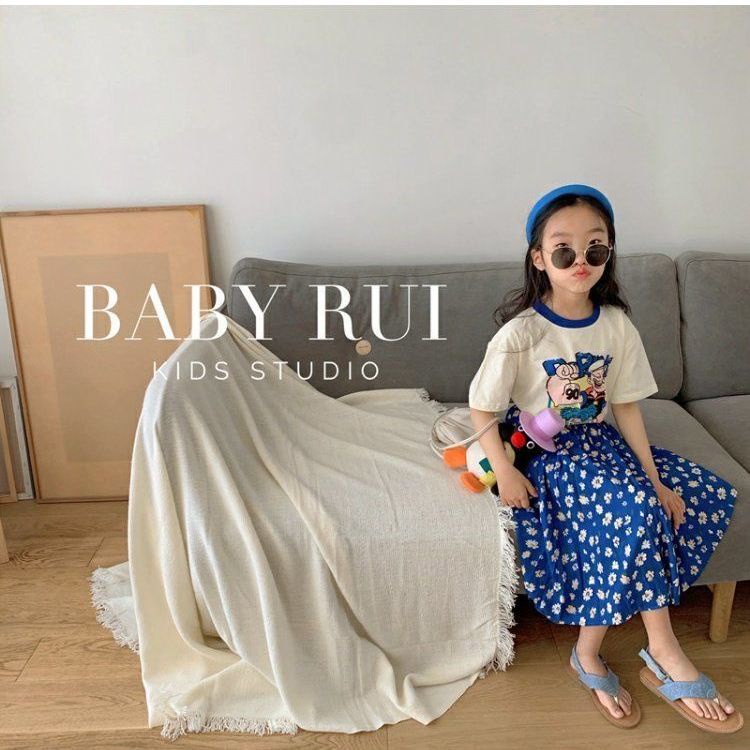 Set Áo Thun Ngắn Tay + Chân Váy Hoa Hoạt Hình Phong Cách Hàn Quốc Cho Bé Gái