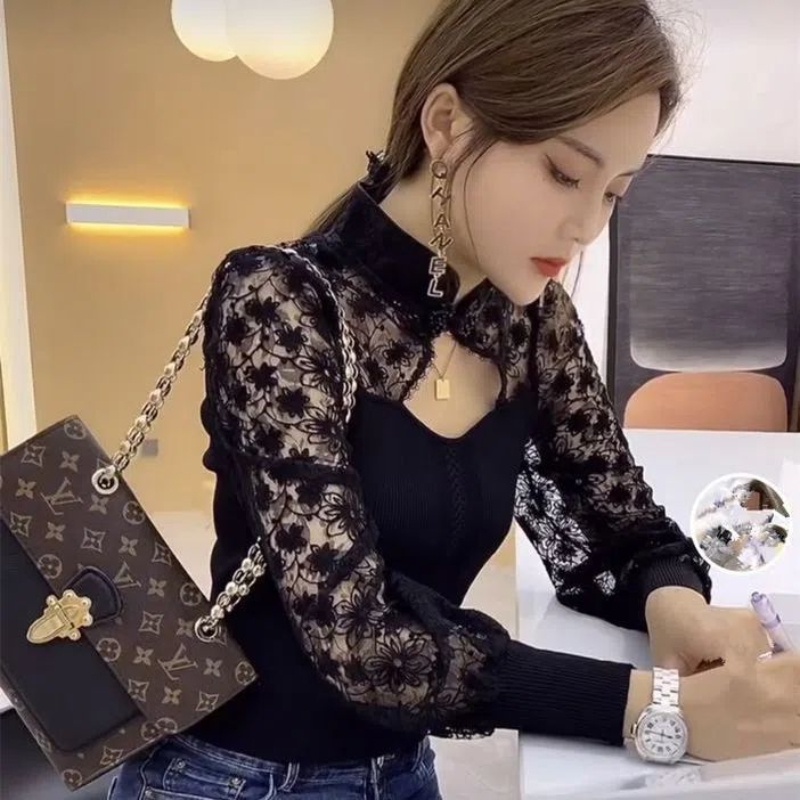 Áo Sơ Mi Nữ Tay Dài Dáng Ôm Phối Ren Thời Trang Hàn Quốc