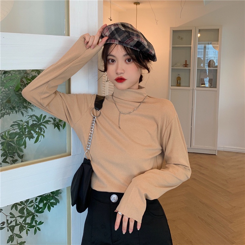 IELGY IELGY Áo Thun Nữ Dài Tay Cổ Lọ Màu Sắc Đơn Giản Phong Cách Hong Kong