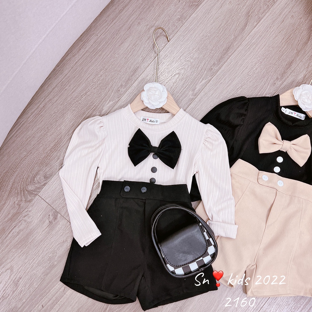 Bộ thu đông bé gái, set bộ quần áo nơ 3 cúc tay bồng kèm quần nhung lì cho bé 10-30kg