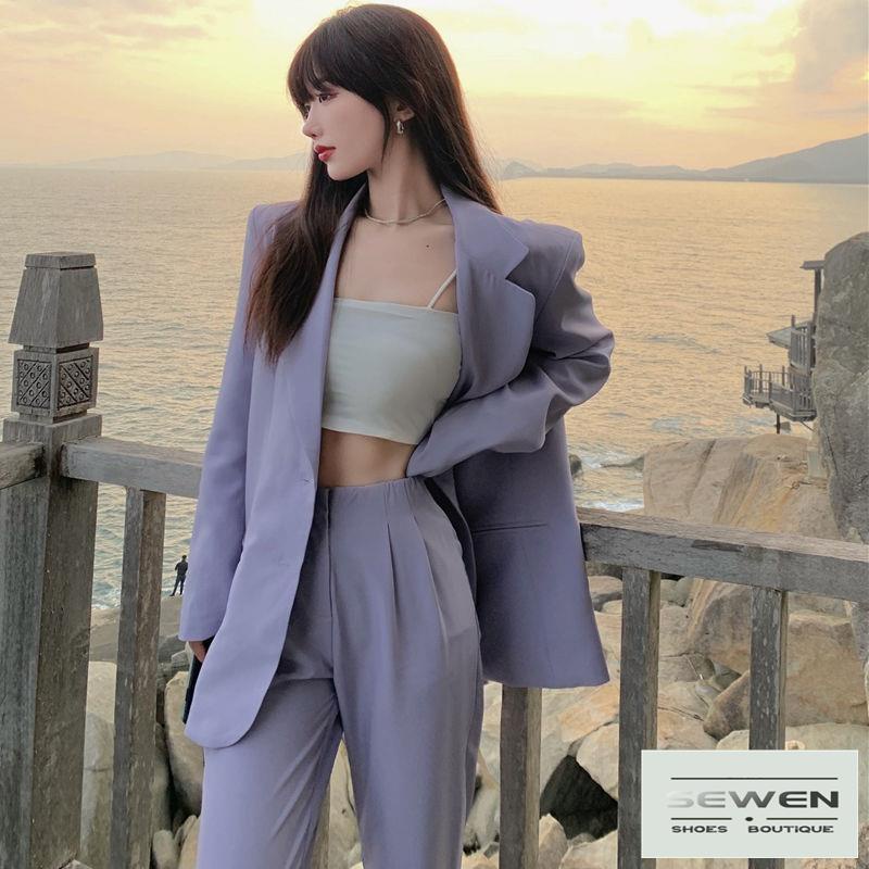 Bộ Áo Khoác Vest + Quần Dài Ống Rộng Màu Tím Thời Trang Xuân Thu 2022 Cao Cấp