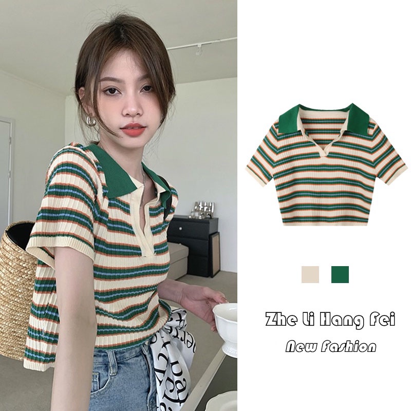 Áo croptop polo ZHELIHANGFEI dệt kim tay ngắn kẻ sọc kiểu vintage dễ thương thời trang