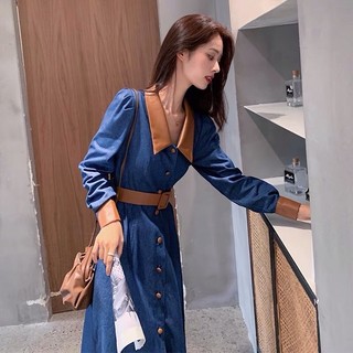 Đầm Nhung Phối Da Kèm Belt Sang Trọng