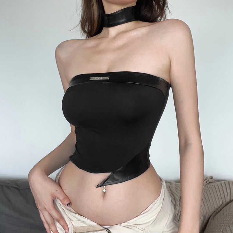 Weird Puss Set áo croptop không dây + vòng cổ phong cách mùa hè thời trang đường phố Châu Âu dành cho nữ