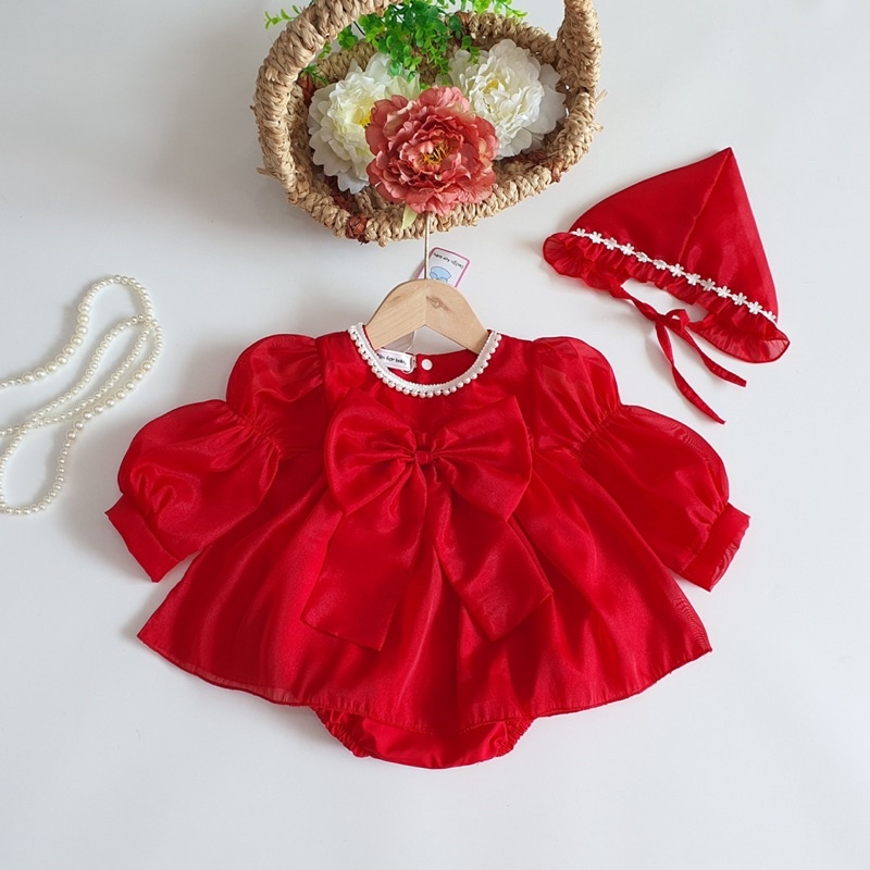 Váy Xô Muslin Đỏ Phối Ren, Body Váy Tơ Đỏ Nơ Xinh Xắn Cho Bé Gái Sơ Sinh
