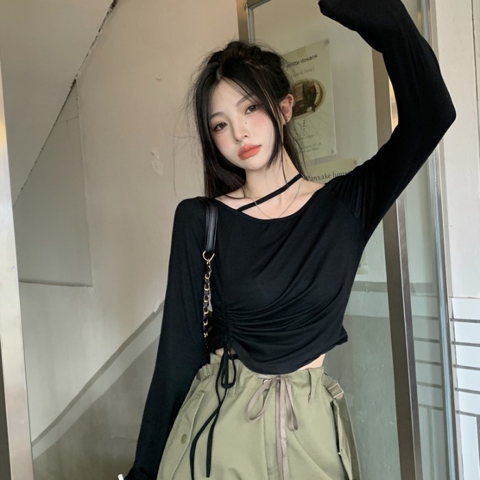 Áo kiểu SUXI tay dài ôm dáng vừa vặn phối dây rút thời trang xuân hè dành cho nữ
