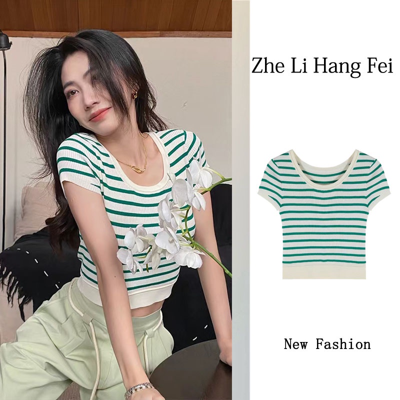 【ZHELIHANGFEI】Áo Thun Tay Ngắn Họa Tiết Kẻ Sọc Màu Sắc Tương Phản Dễ Phối Đồ