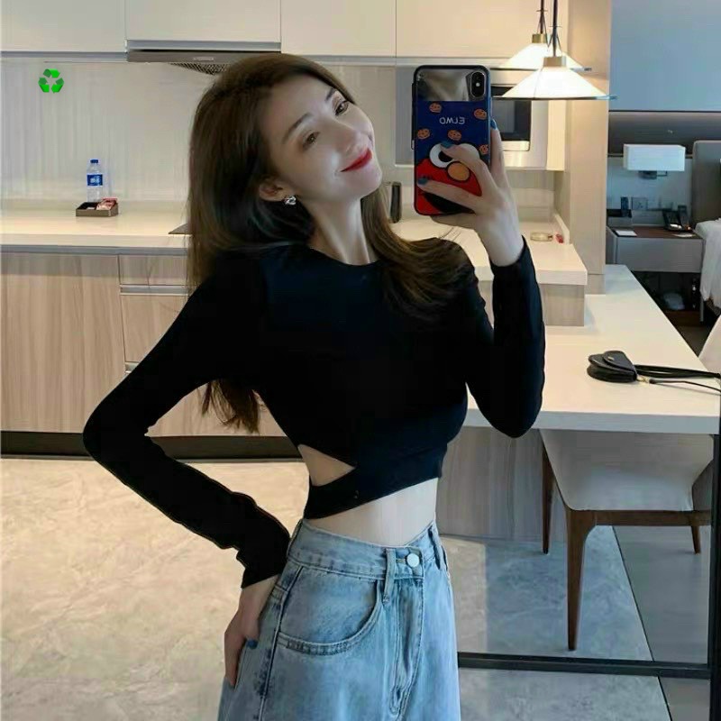 Áo kiểu tay dài croptop khoét 2 bên eo trơn cực hot , chất thun bozip dày dặn mềm mịn